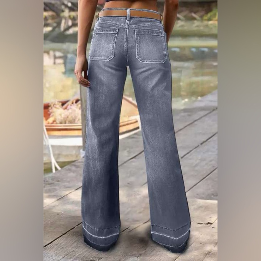 Wash Stitch Detail Raw Hem Mid Waist Wide Leg Jeans Without Belt L JK7-7 - Picture 4 of 8